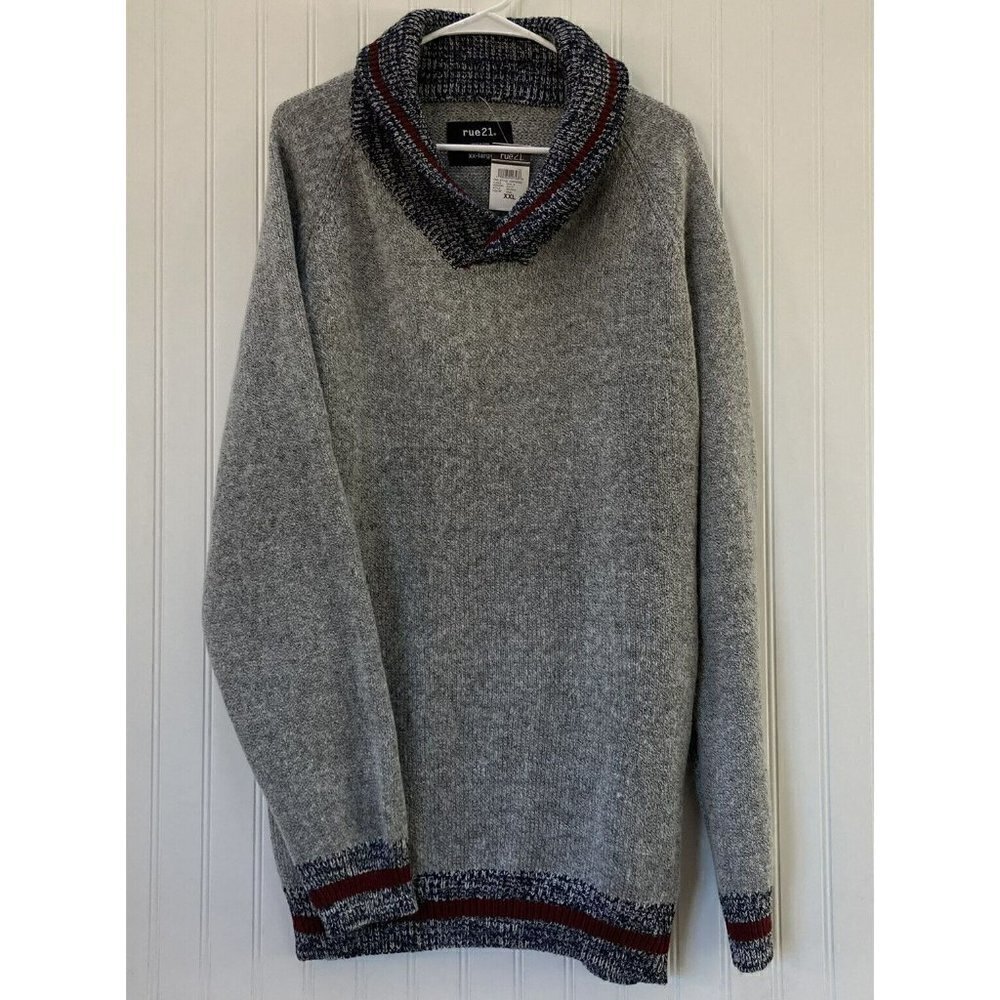 Rue 21 Men’s NWT Navy‎ Burgundy Red Shawl Collar Cuff Gray Sweater-XXL